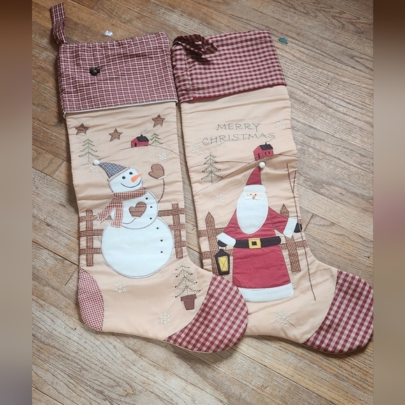 Vintage Christmas Stockings Snowman Stars Barn and Santa 35" long Cotton Brown - Picture 1 of 8